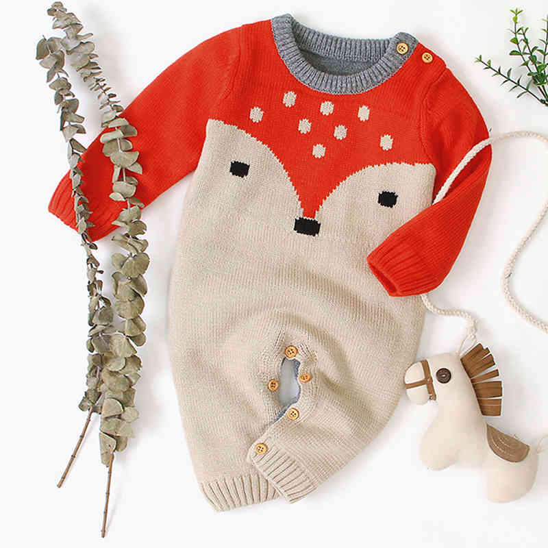 Autumn Winter Baby Boys Girls Cartoon Fox Rompers Clothes Children Boy Girl Kids Knitting Long Sleeve 210429