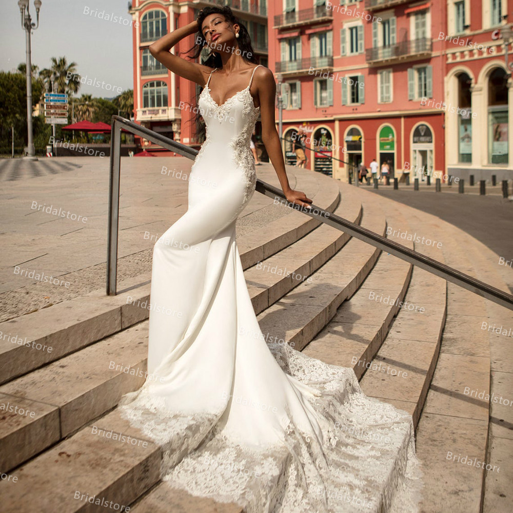 Elegant Backless African Mermaid Wedding Dress 2021 Sexy Lace Tail Boho Bridal Dresses Spaghetti Straps Satin Bohemian Bride Robes De Mariage Abiti Da