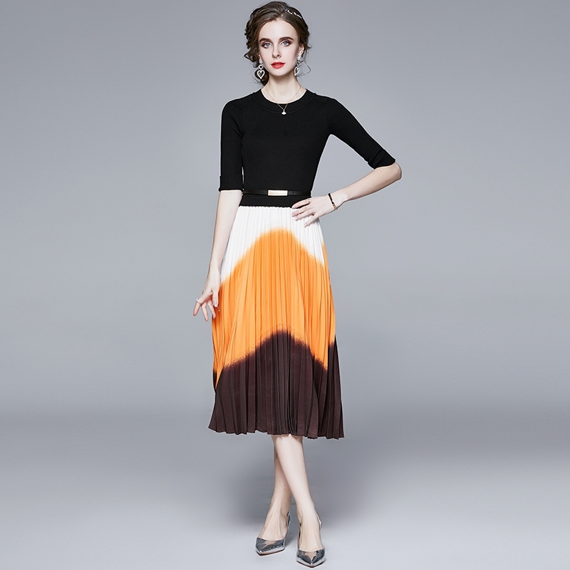 Elegnat Autumn Warm Knit Stitching Pleated Print Vintage Slim Long Dress Round neck Black Work Casual Female Party Dresses 210506