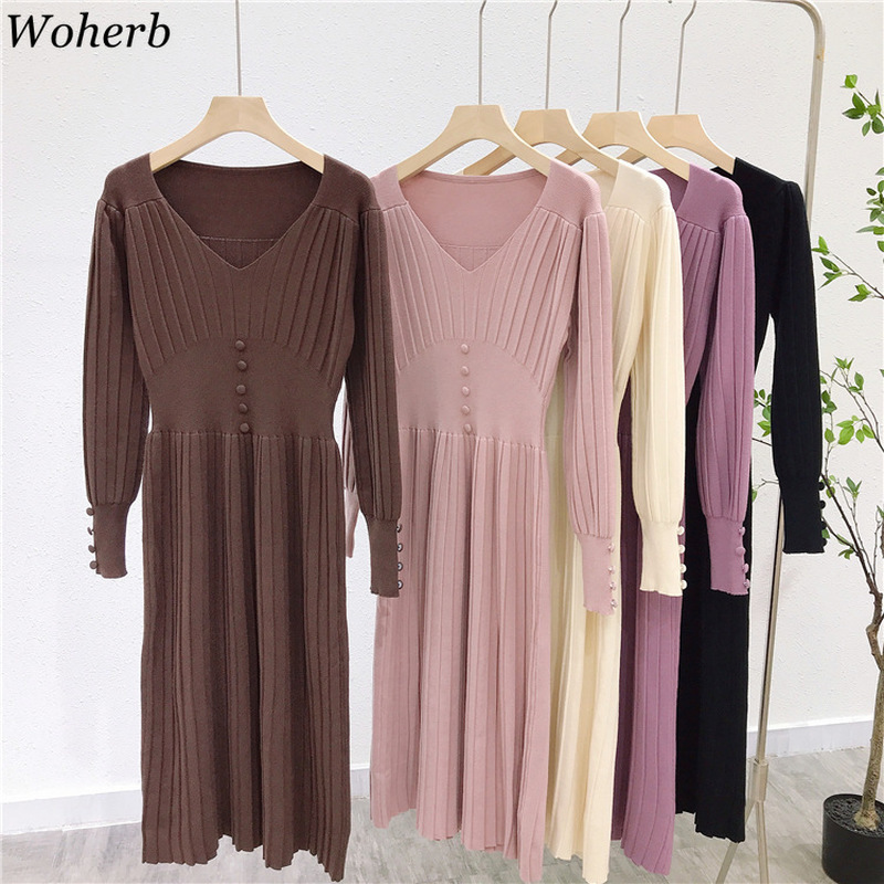 Vintage Pleated Dress Women Fall Clothes Long Robe V-neck Slim Knitted Sweater Dresses High Waist Elegant Woman Vestidos 210519