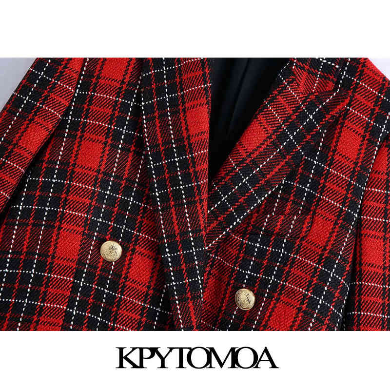 Women Fashion Double Breasted Check Blazer Coat Long Sleeve Pockets Female Outerwear Chic Veste Femme 210420