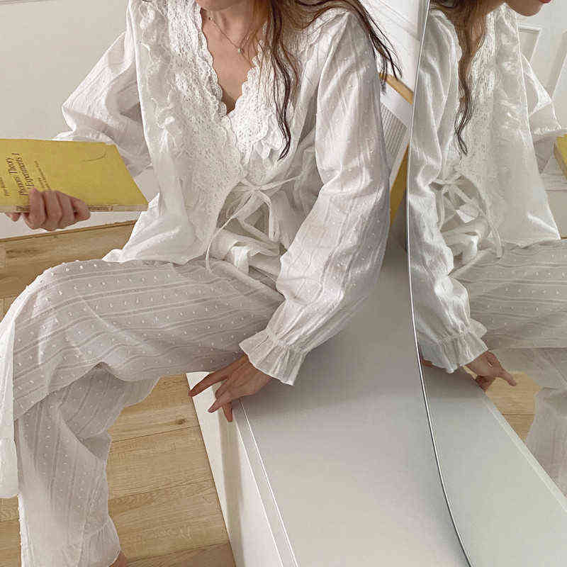 Alien Kitty Korean Autumn Lace Elegant Pure Color Cotton Pajamas Women Cotton Sweet Style Pajamas Set Home Clothes 211109