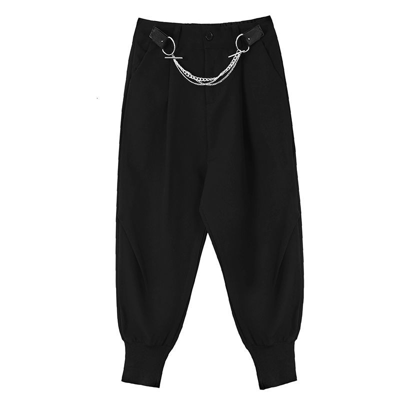 IEFB Men's Causal Pants Personalized Niche Turnup Pants Black Loose Streetwear Chian High Waist Trousers 9Y6695 210524