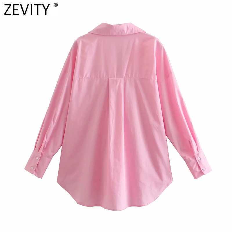 Zevity Women Simply Single Breasted Poplin Pink Shirt Office Lady Long Sleeve Business Blouse Roupas Chic Blusas Tops LS9288 210603