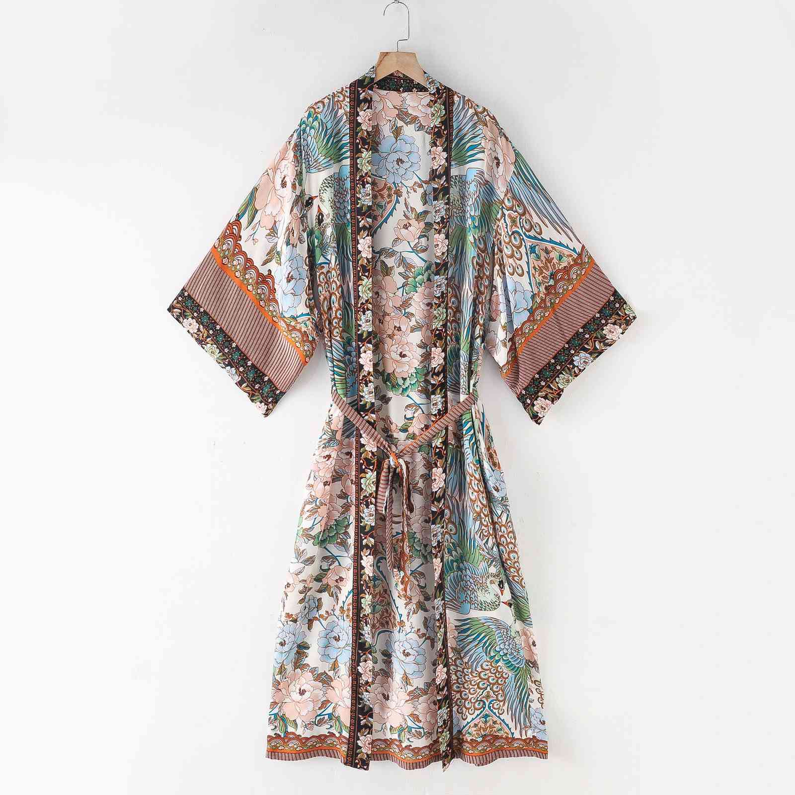 Bohemian V neck Peacock Flower Print Long Kimono Shirt Ethnic Lacing up With Sashes BOHO Cardigan Tie Bow Blouse Tops 210429