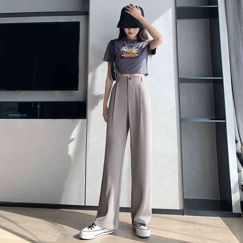 Casual High Waist Loose Wide Leg Pants for Women Spring Summer Female Floor-Length White Suits Ladies Trousers 210514