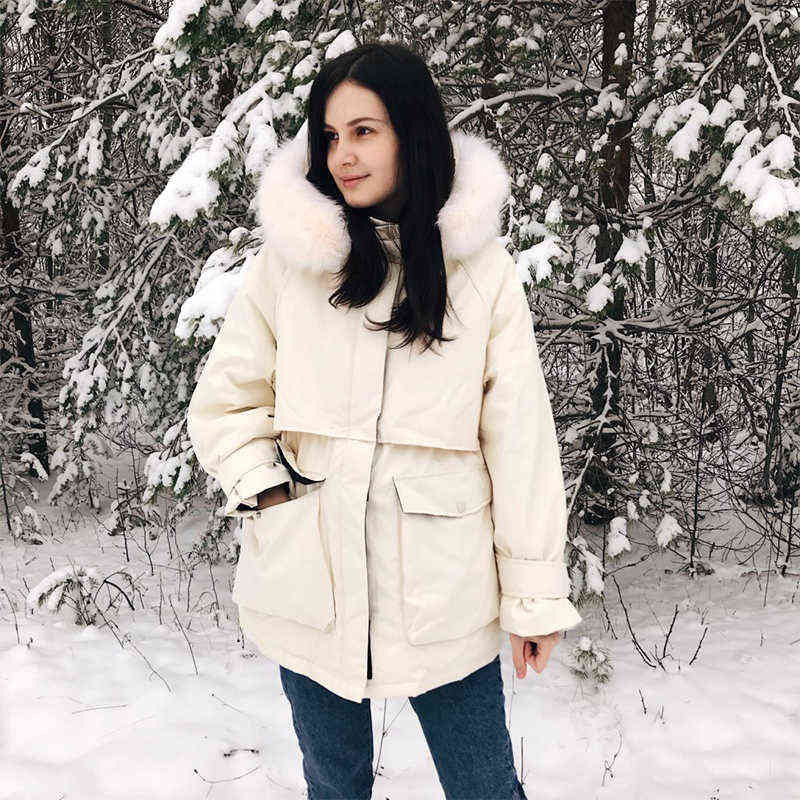 Fi Winter Jacket Women Large Natural Fur White Duck Down Coat Thick Parkas Warm Sash Tie Up Zipper Down Snow Outerwear 211102