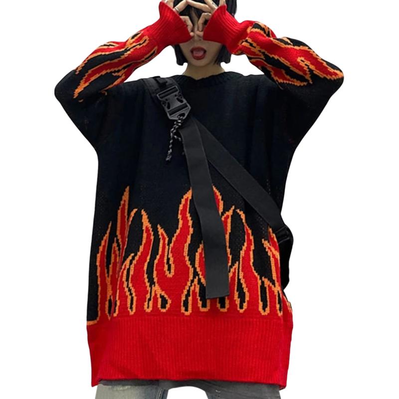 Women' Sweaters Fashion Ladies Long Sleeve Casual Knitwear Creative Flame Pattern Round Collar Pullover Sweater Loose Knitted Tops, Black
Women' Sweaters Fashion Ladies Long Sleeve Casual Knitwear Creative Flame Pattern Round Collar Pullover Sweater Loose Knitted Tops, Black