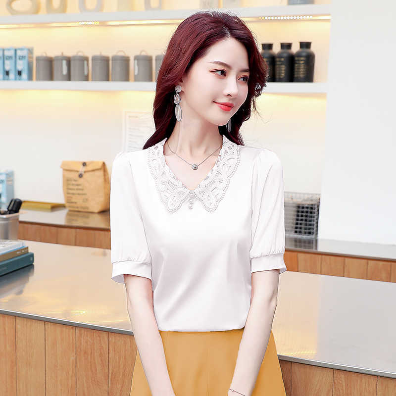 Korean Silk Women Blouses Shirt Satin Lace Tops Plus Size Woman Puff Sleeve Blouse Top Blusas Femininas Elegante 3XL 210531