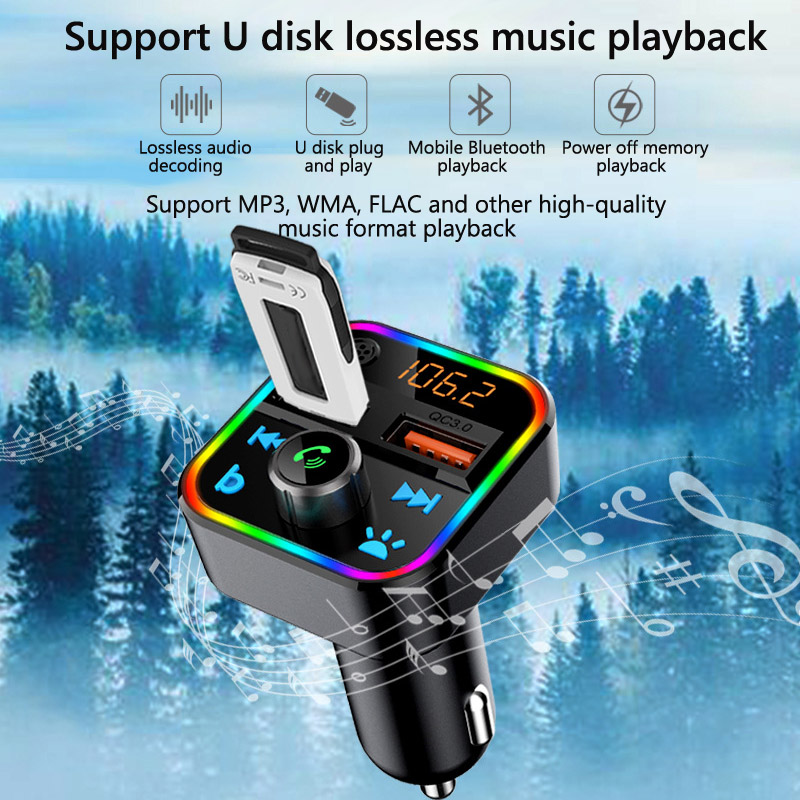 Car Kit Bluetooth FM Transmitters Bass Stereo MP3 Music Player Wireless Handsfree Phone Charger Adapter With LED Backlit QC 3.0 Fast Charging Automoti