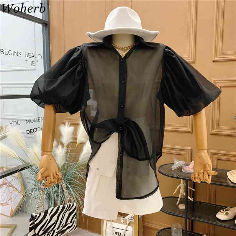 Puff Short Sleeve Shirt Women Turn-down Collar Summer Loose Blusas Korean Blouse See Through Temperament Vintage Tops 210519