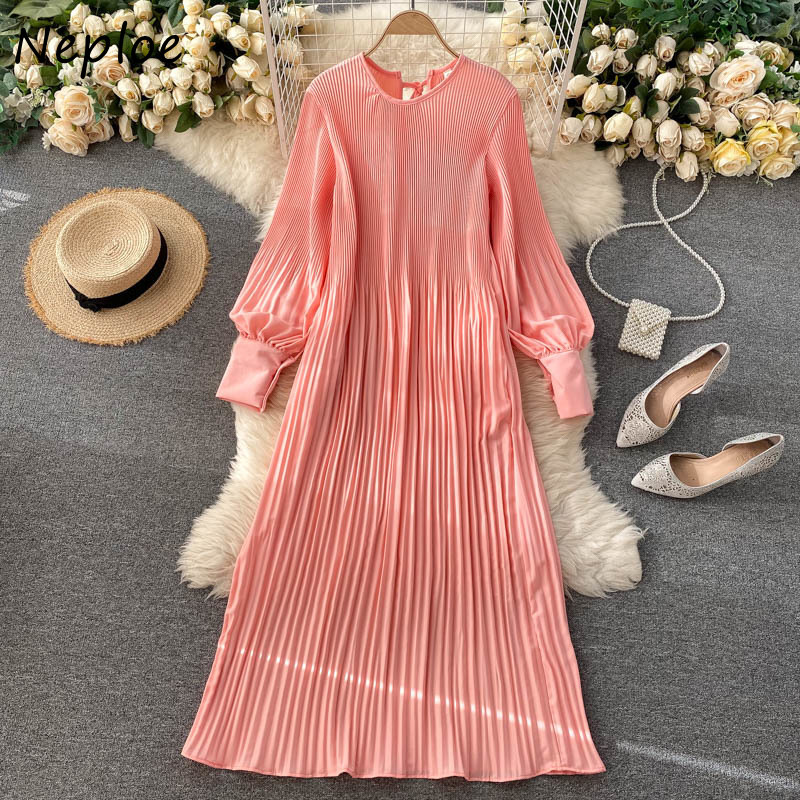 Neploe Chiffon Chic Drawstring Pleated Dresses O-neck Puff Sleeve Loose Beach Style Dress Solid Color Sweet Mid-length Vestidos 210422