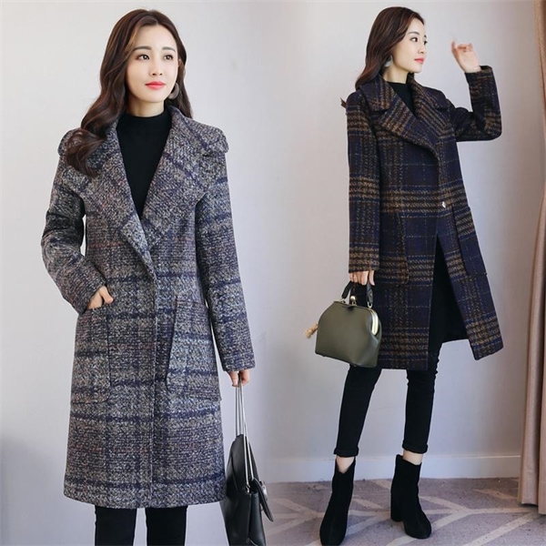 

New autumn and winter models female Korean version of the long section was thin thick plaid woolen coat, Opp bag (not product)