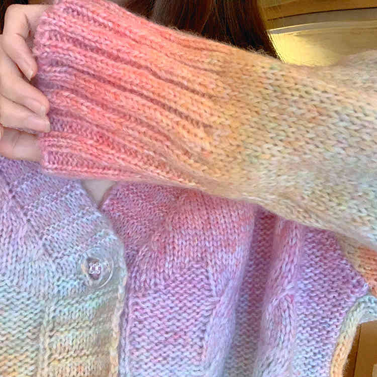 Nomikuma Rainbow Tie Dye Women Short Knitted Cardigan Causal Long Sleeve V-neck Sweater Coat Korean Knitwear Jacket 6D456 210427