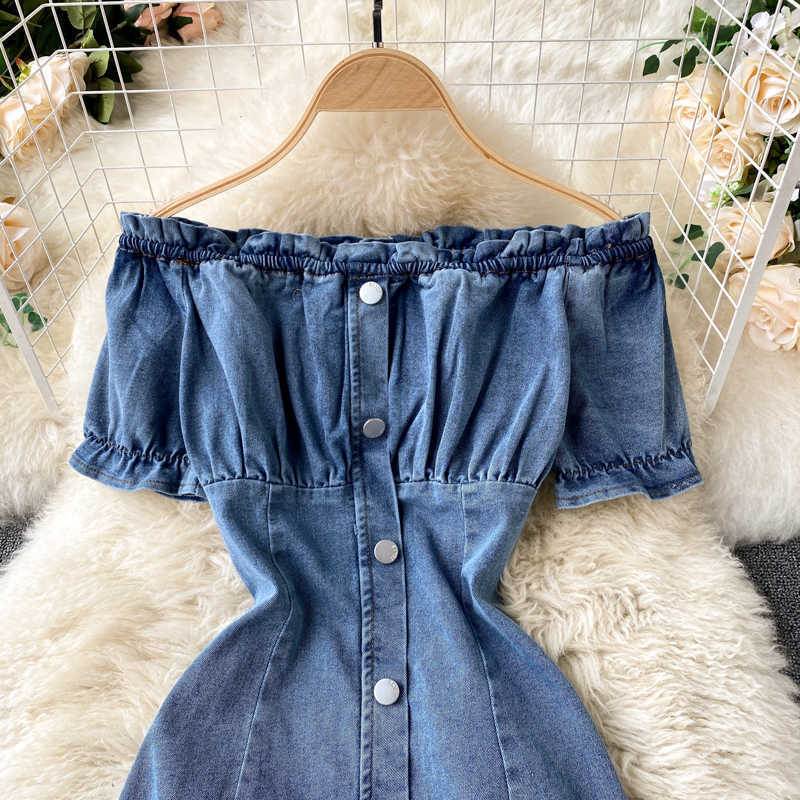 DEAT Women Denim Dress Slash Neck Short Sleeve Arrivals Lady Sexy Temperament Fashion Spring Summer 11B604 210709