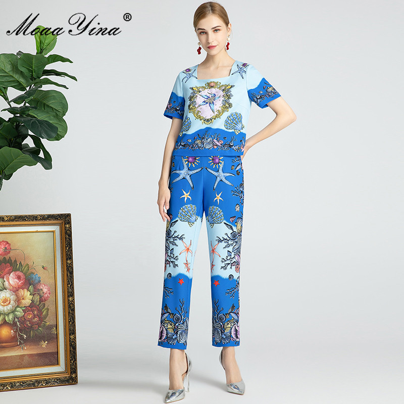 Fashion Set Summer Women's Square Collar Short sleeve Beaded Conch Shell Starfish Tops+Trousers Two-piece set 210524