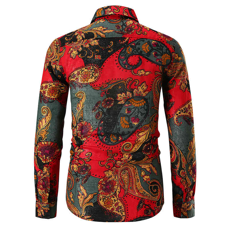 Vintage Paisley Print Hawaiian Men Autumn Long Sleeve Mens Dress Shirts Wedding Party Prom Shirt Chemise Homme 210331