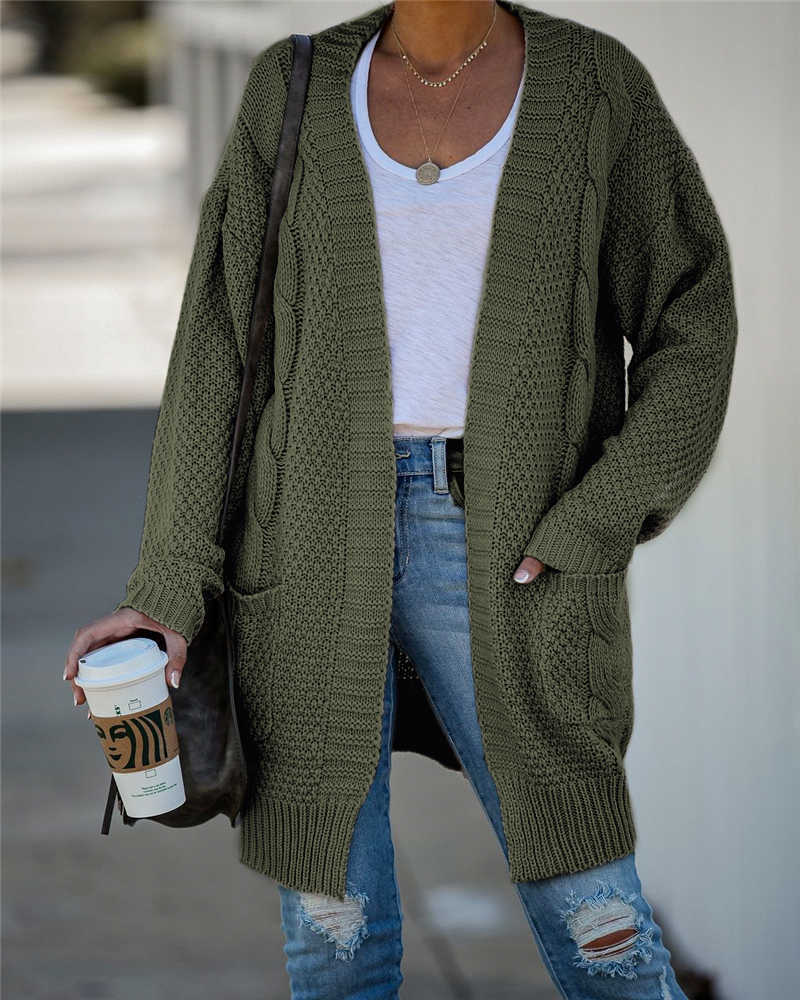Fitshinling Pockets Twist Women's Cardigans Knitted Winter Coat Vintage Slim Holiday Boho Long Cardigan Female Knitwear 211011Z