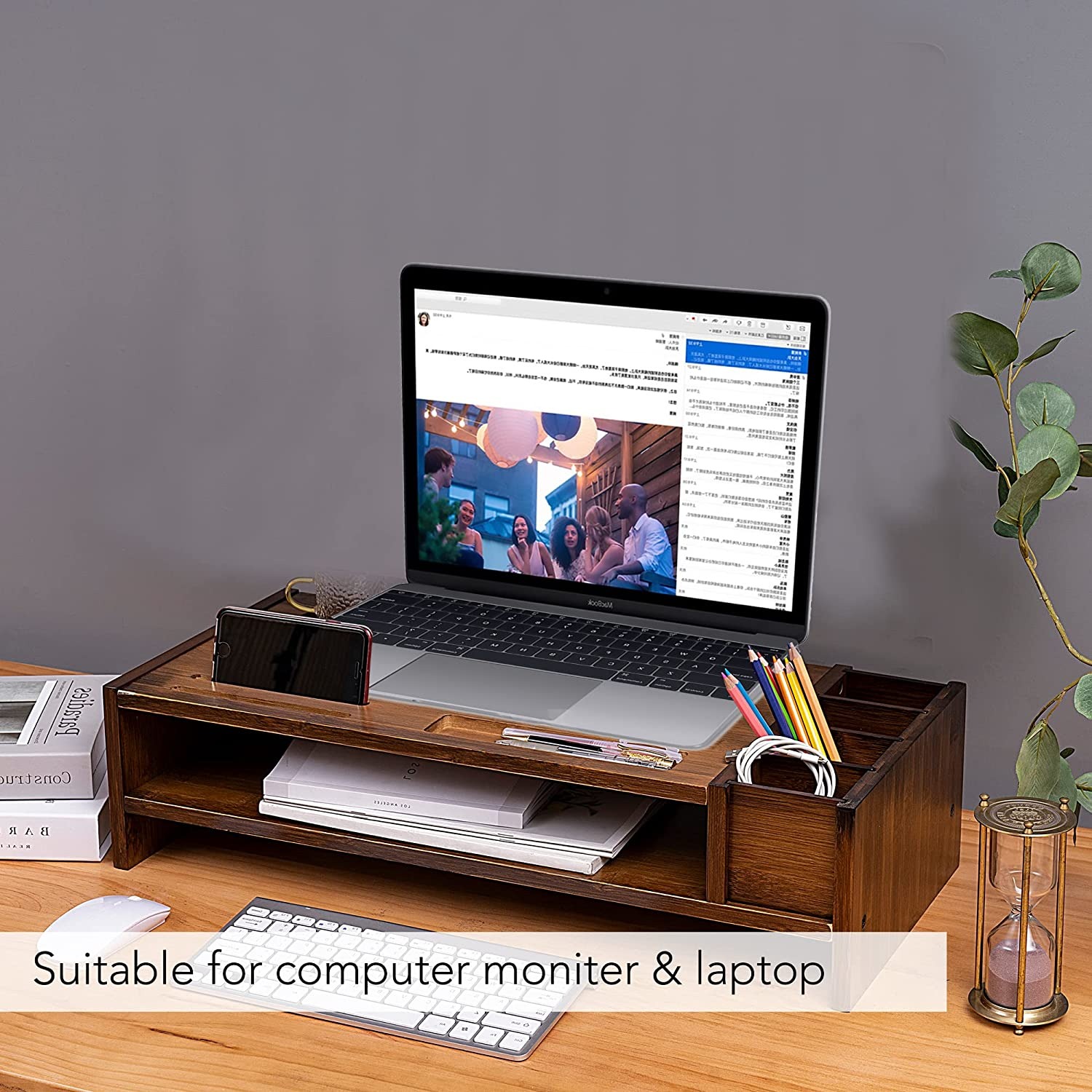 2-Tier Bamboo Monitor Stand, Wood Computer Monitor Riser, Wooden Desk Organizers with Adjustable Storage Accessories Shelf for iMac, Laptop, Printer B