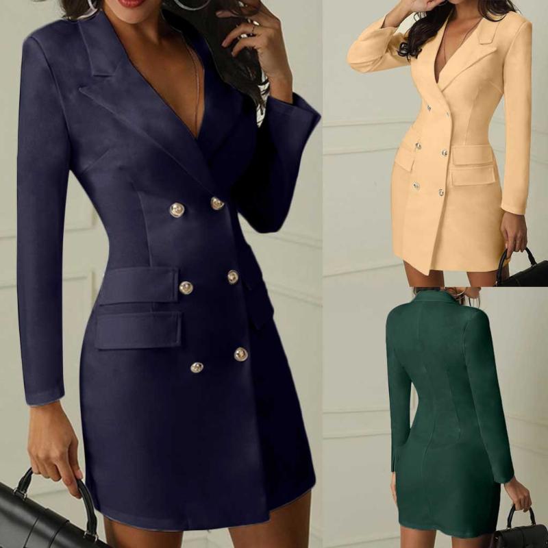 Double Breasted Dress Women Elegant Form Button Front Military Style Short Dresses 2021 Autumn Winter Ladies Robe Femme Vestidos Casual