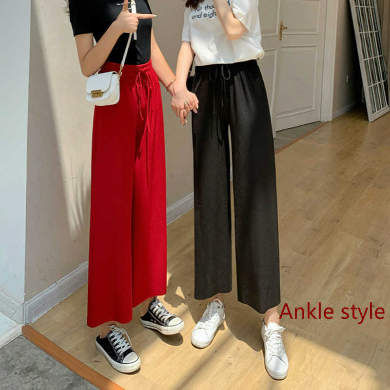 High Waist Soft Comfort Women Wide-leg Pant Casual Spring Summer Woman Ice Silk Ankle-Length Trouser Female Slacks 210526