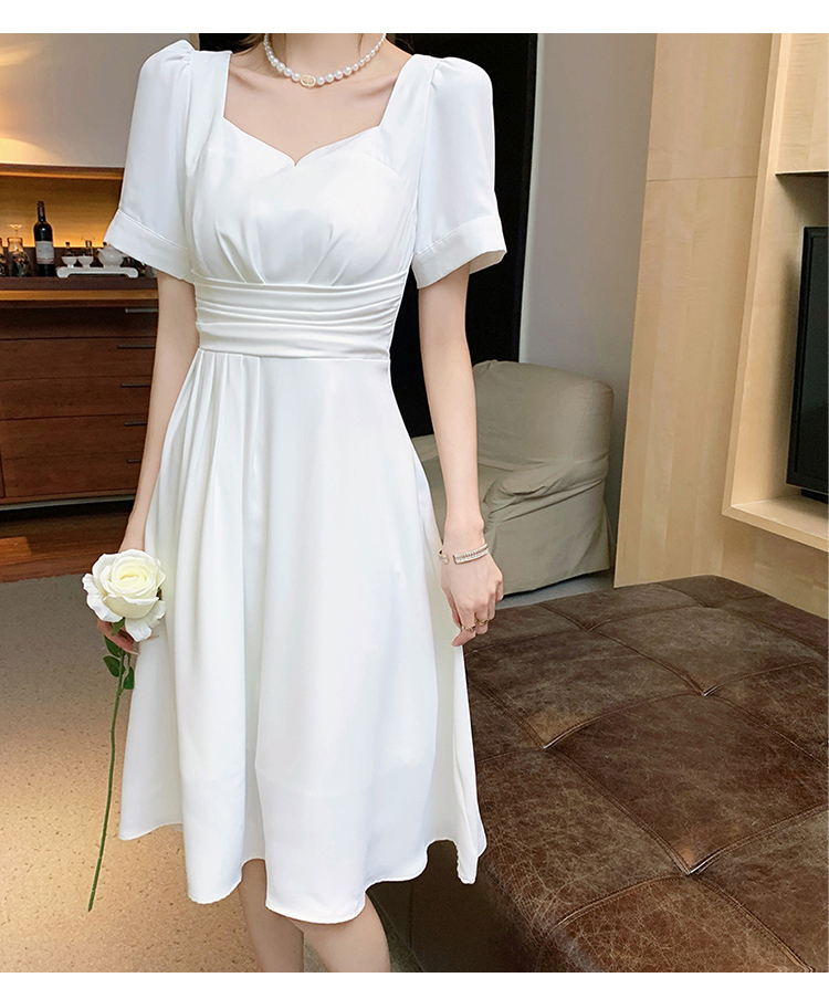 French Retro Temperament White Square Collar Party Dress Summer Elegant Puff Sleeve Female High Waist Slim A-Line Dresses 210519