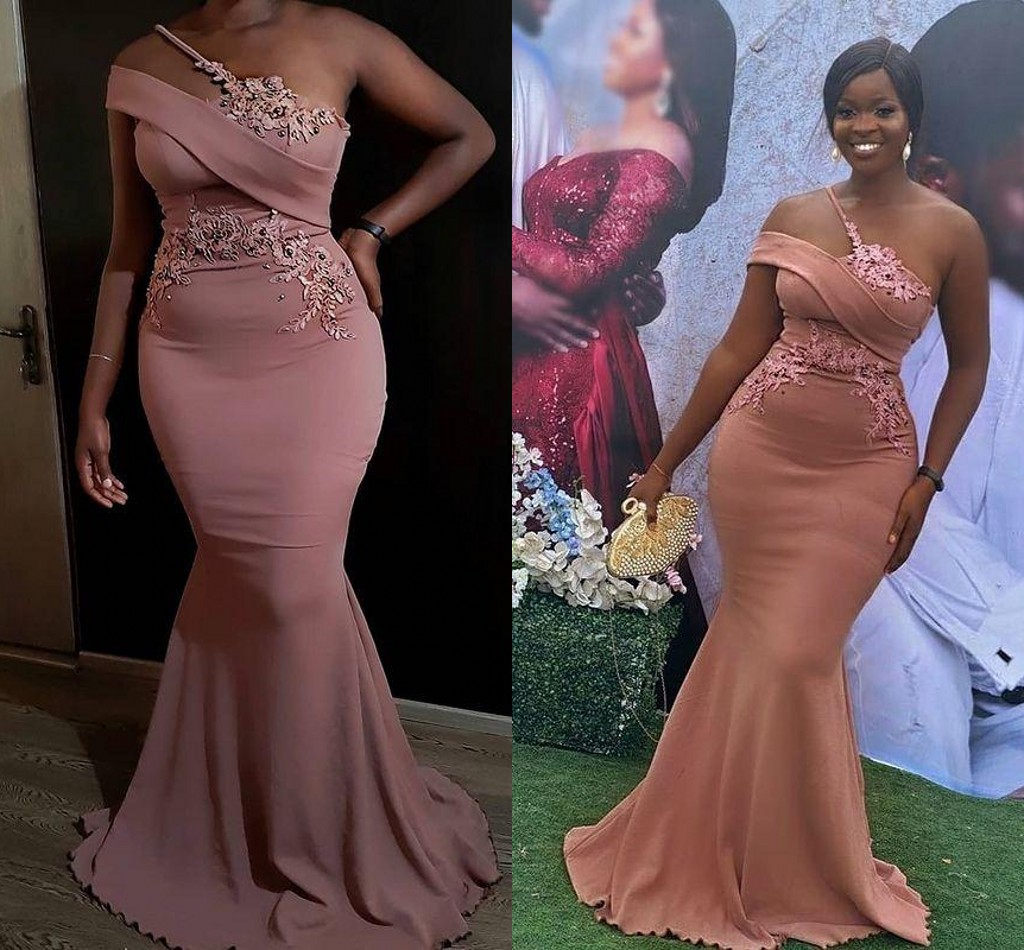 Rose Pink Mermaid Long Bridesmaid Dresses 2022 One-shoulder Lace Beaded African Nigerian Arabic Aso Ebi Junior Maid of Honor Wedding Guest Gown