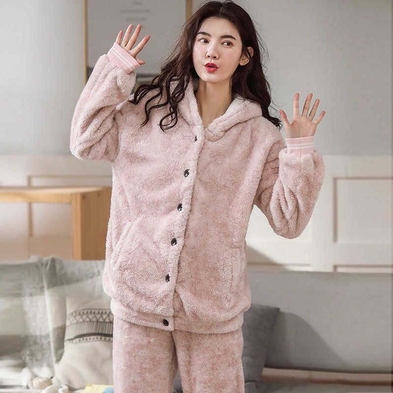 2 Pieces Winter Women Pajamas Set Thicken Warm Soft Flannel Sleepwear Lapel Buttons Female Homewear Plus Size Pyjamas 211007