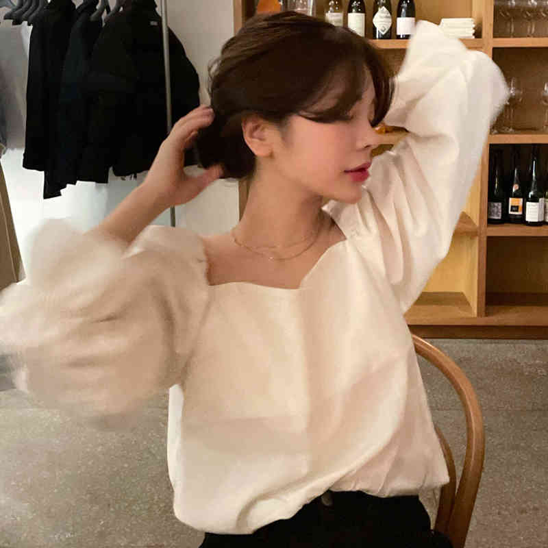 Nomikuma Square Collar Korean Causal Women Top Blouse Solid Puff Long Sleeve Blusas Femme Pullover Shirt New Arrival 6D774 210427