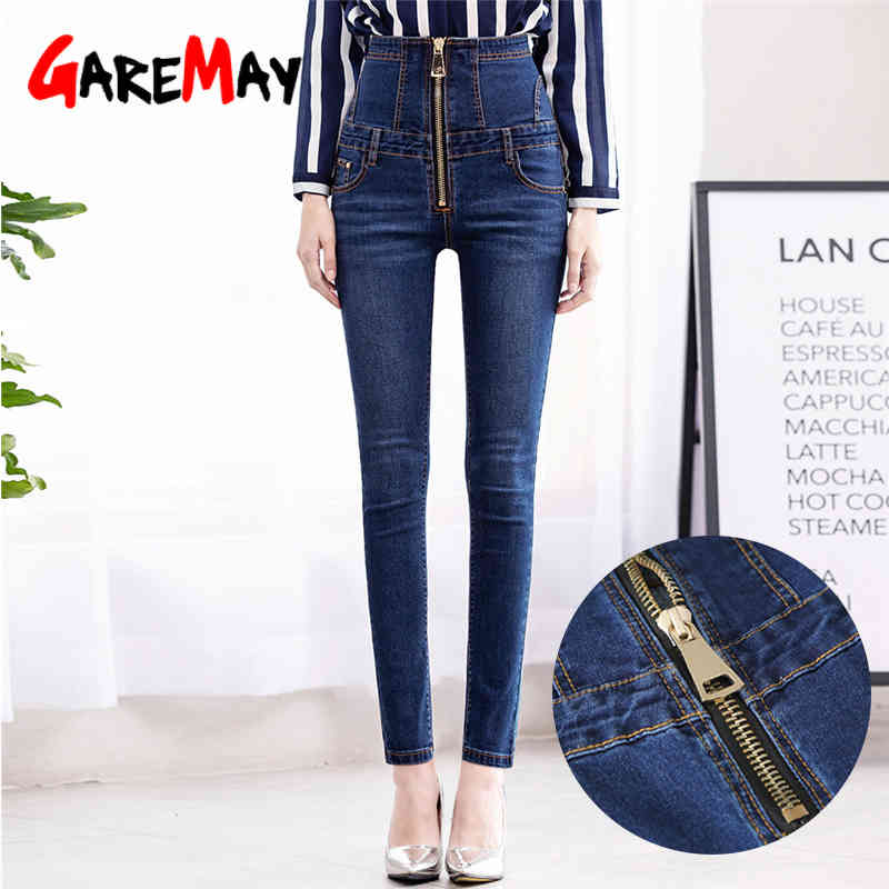 Women's Jeans with Zipper High Waist Stretch Pants Skinny Warm Velvet Winter Ladies Trousers Female Slim Fit Mom Plus Size 210428