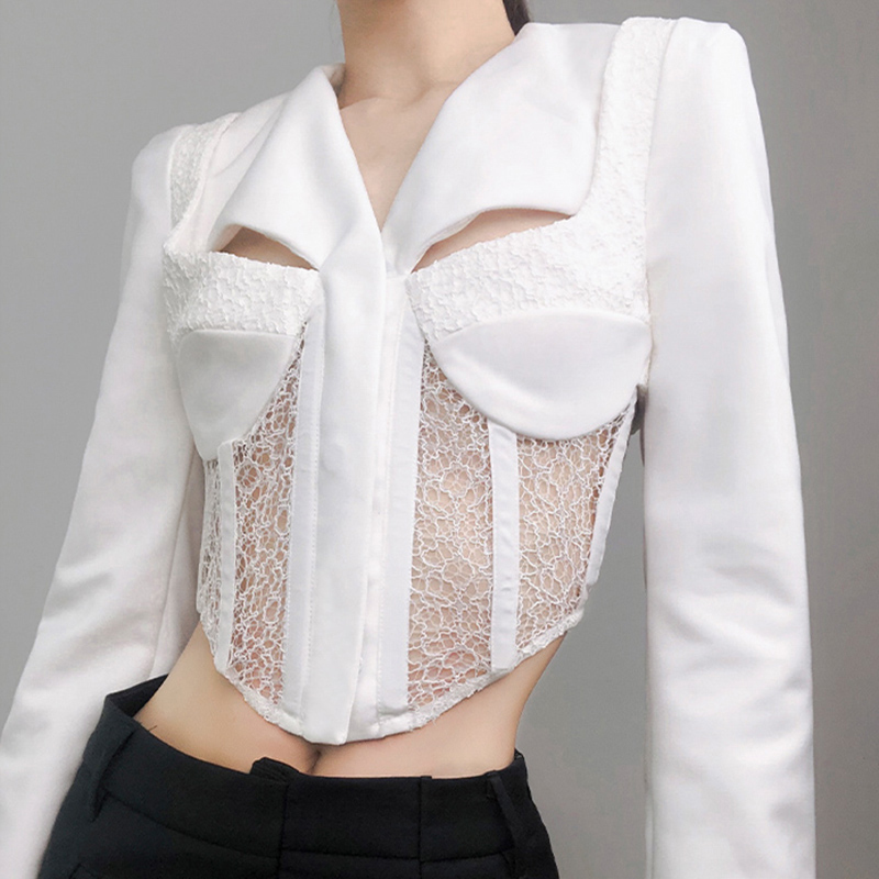 White Korean Short Slim Blazer For Women V Neck Long Sleeve Patchwork Lace Blazers Female Spring Fashion Style 210524