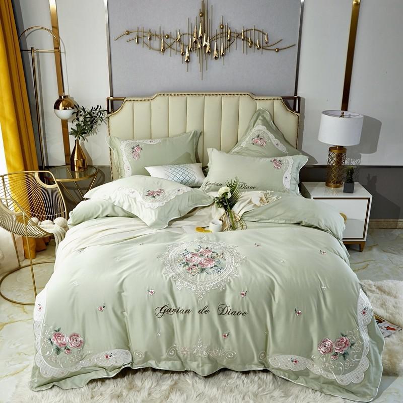 Premium Egyptian Cotton Floral Embroidery Bedding Set Yellow Grey Vintage Duvet Cover Bed Sheet Pillowcases Queen King Size 4Pcs Sets