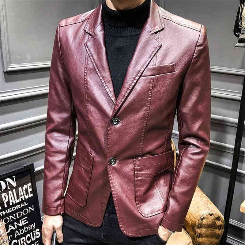 Autumn Faux Leather Suit Jackets Men Solid Motorcycle Long Sleeve Blazer Coats Fashion Casual Slim Business PU Outwear Male 6XL 211111