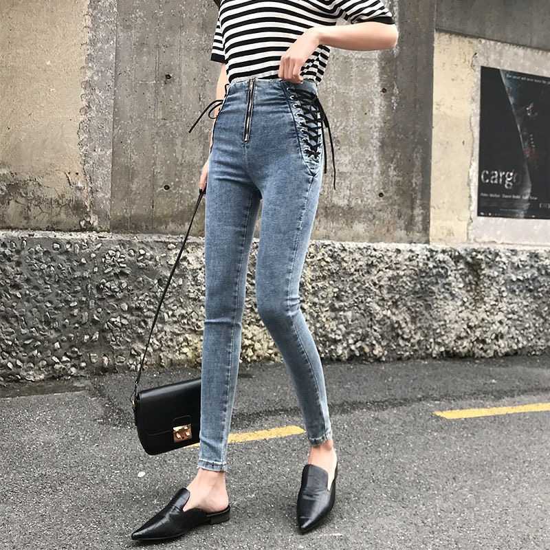 Jeans Female Denim Pants Lace up on side Womens plus siz 5XL Stretch High waist Feminino Skinny For Women Trousers 210922