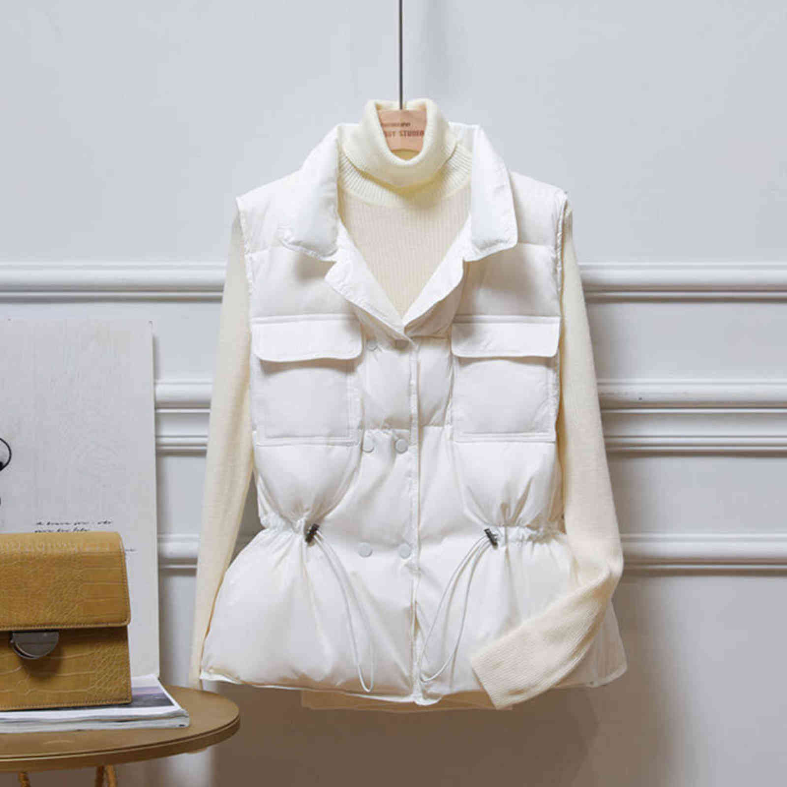 Padded Vest Women Winter Sleeveless bright down jacket Oversized quilted Coat Stand Collar Cardigan Drawstring Outerwear Chic 211120