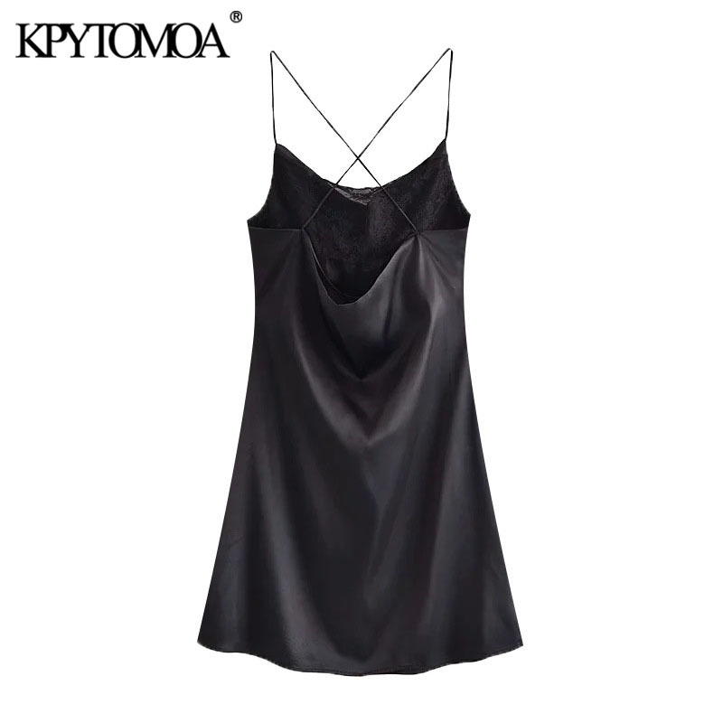 Women Sexy Fashion Lace Patchwork Soft Touch Mini Dress Back Cross Thin Straps Female Dresses Vestidos 210420