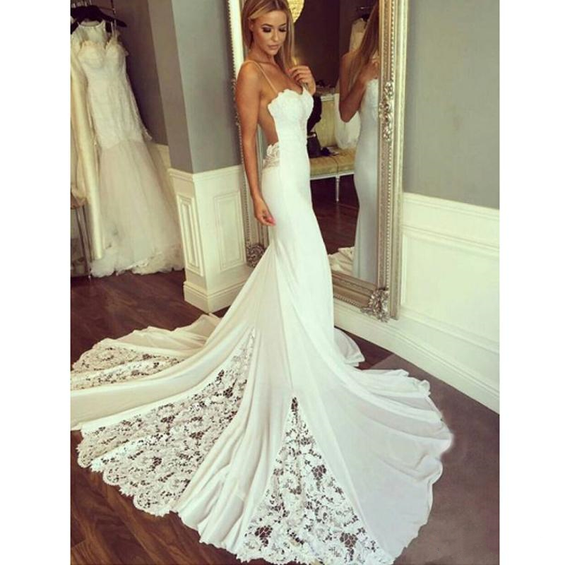 Sexy Backless Boho Wedding Dress Long Train Spagheti Straps Mermaid Lace Appliques Bohemian Beach Bridal Gowns Charming Bride Dresses Vestidos
