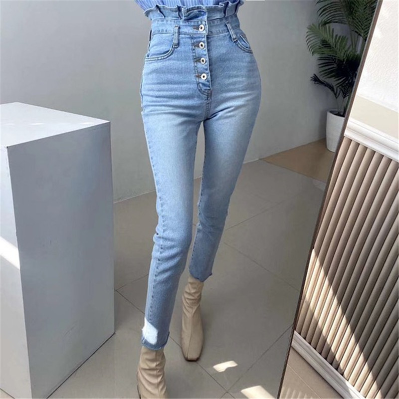 Vintage High Waist Slim Pencil Pants Women OL Skinny Denim Arrival Autumn Spring Jeans Trousers Femme 210421