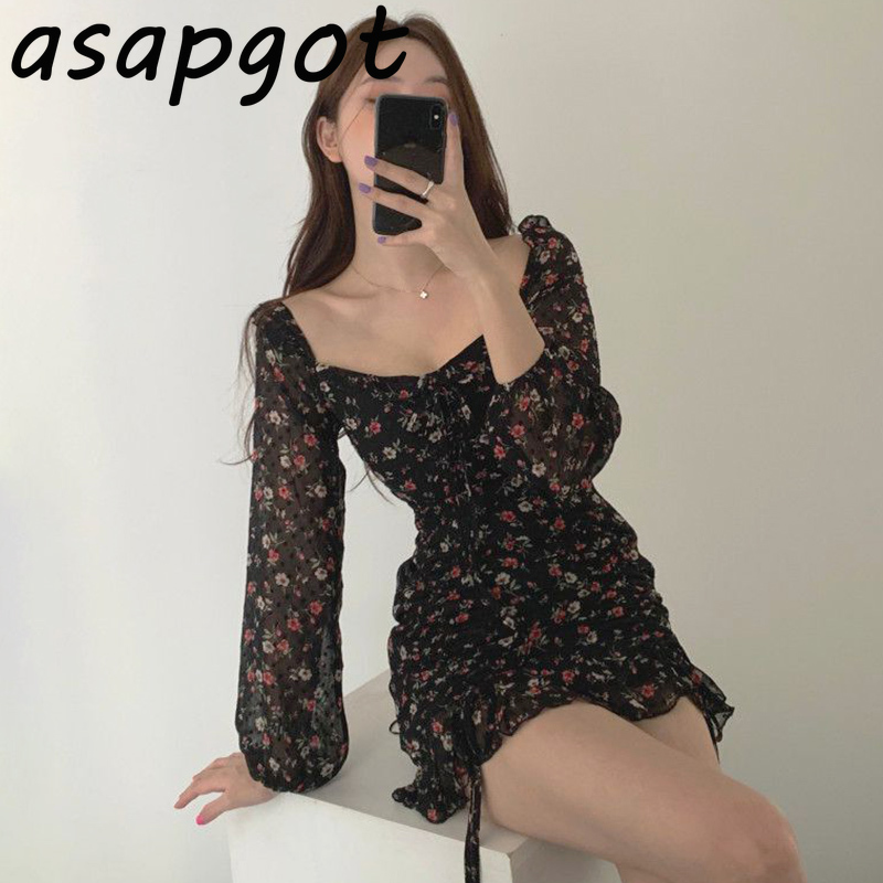 Chic Korean Sweet Lace Up Waist Drawstring Black Floral Dress Women Mini Square Neck Ruffles Spring Fashion Wild 210429