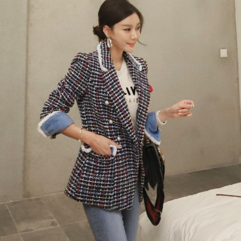 High Quality Winter Women Plaid Tweed Coat Office OL Wool Blends Double Breasted Long Sleeve Jacket Casaco Feminino 210518