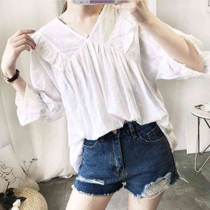 Arrival Preppy Style Women Loose V-neck Shirt Embroidery Hollow Out Blouses all-matched Casual Ladies Tops Plus Size D402 210512
