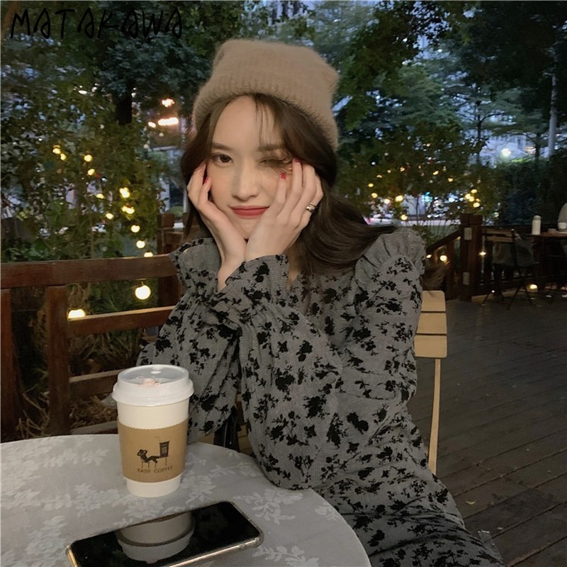 MATAKAWA Irregular Long-sleeved Dresses for Women Spring Korean Slim Waist Vestido Temperament V-neck Femme Robe 210513