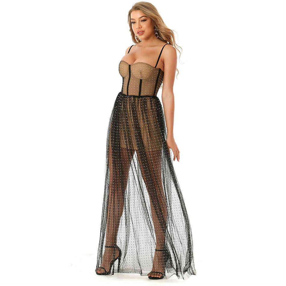 Free Women Summer Mesh Bandage Dress Sexy Spaghetti Strap Sleeveless Backless Shiny Diamond Club Party 210524