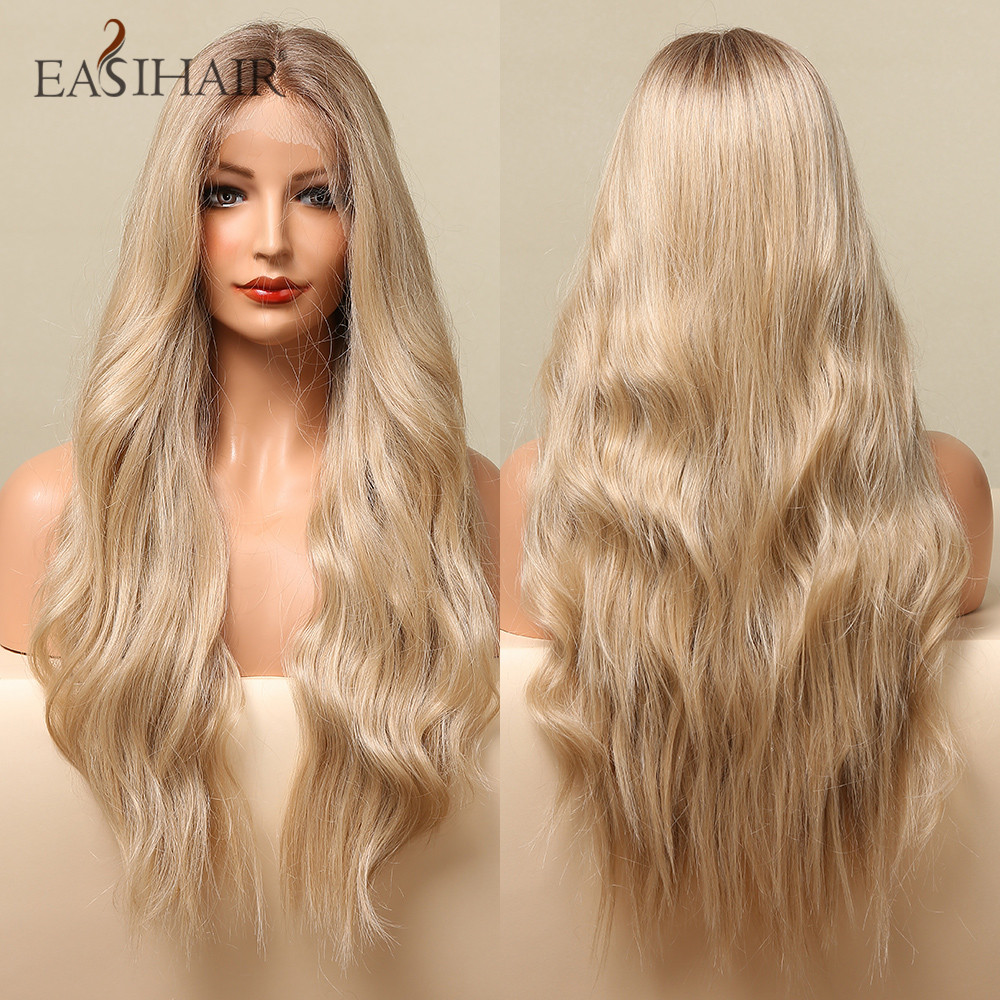 Long Wave Lace Front Wig for Women Brown to Blonde Ombre Synthetic Wigs with Baby Hair High Density Wig Heat Resistantfactory direct