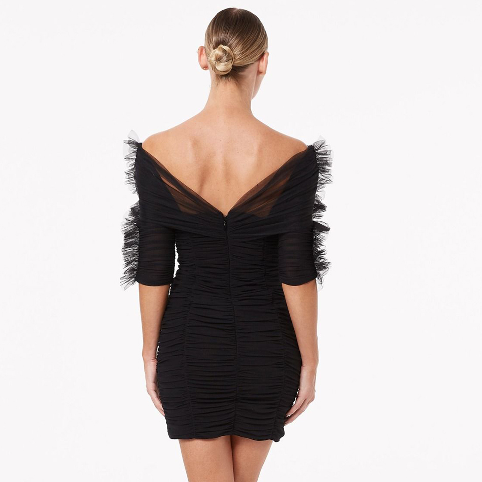 Free High Street Women's Black Tulle Draped Dress Fashion Sexy V-neck Short Sleeve Bodycon Club Party Vestidos 210524