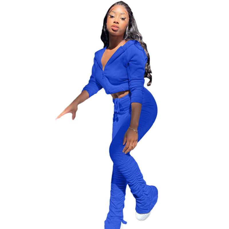 Solid Hooded Two Piece Set Women 2021 Autumn Long Sleeve Zipper Top And Stacked Pants Sporty Streetwear Casual Matching Sets Women's Tracksu
