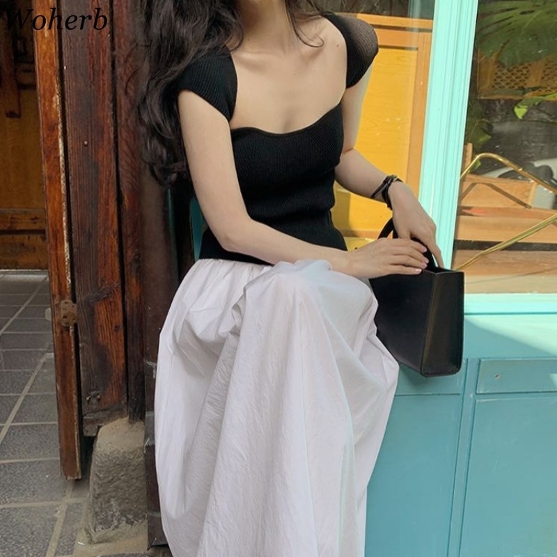 Knitted Women T Shirts Sexy Crop Top White Slim Thin Knitwear Tees Korean Elegant Casual Stretch Chic Tshirts 210519