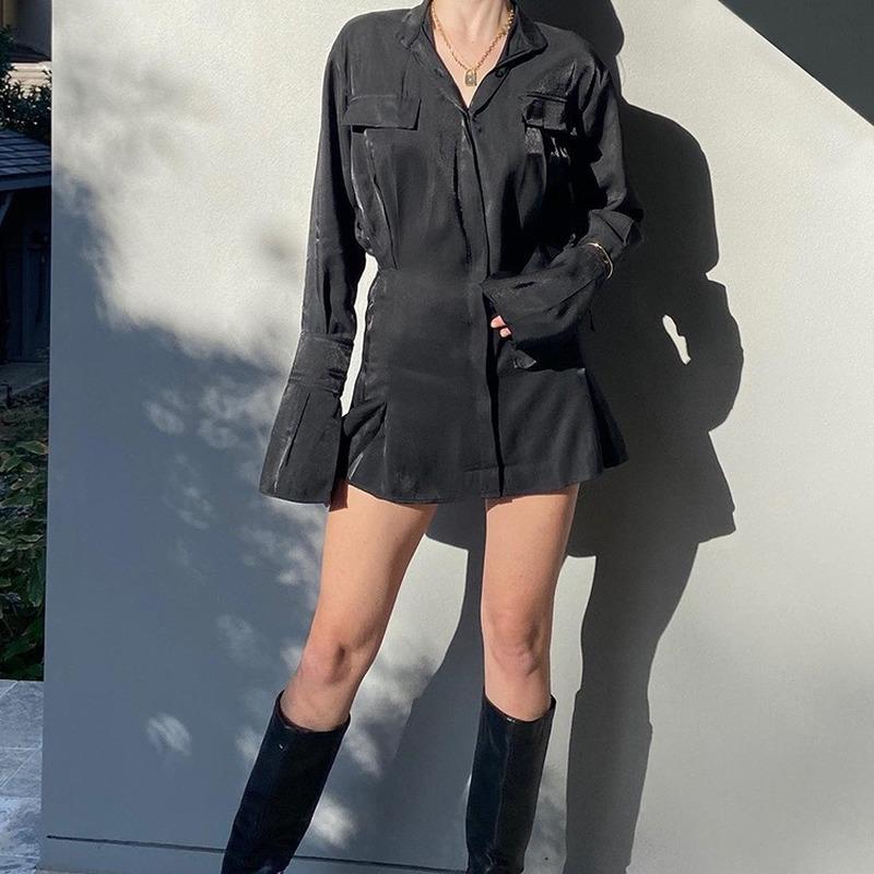 Vintage Dress 2021 Summer Women's Wind Black Long Sleeve Waist Shirt Harujuku Dresses For Women Casual