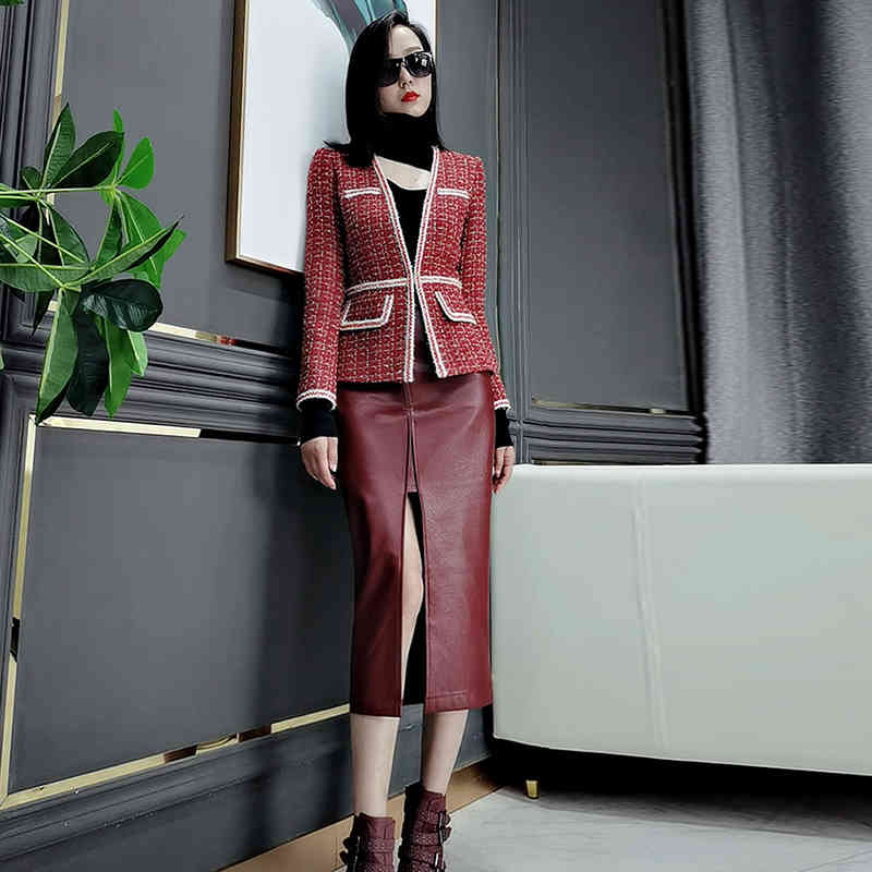 PU Leather skirt for women high waist front split solid slim midi skirts female autumn fashion clothes style 210521