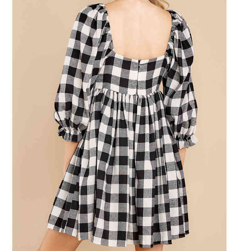 Vintage Plaid Dress Elegant Women Sexy Square Neck Puff Sleeve A-line Cotton Casual Summer Short Vestido 210430